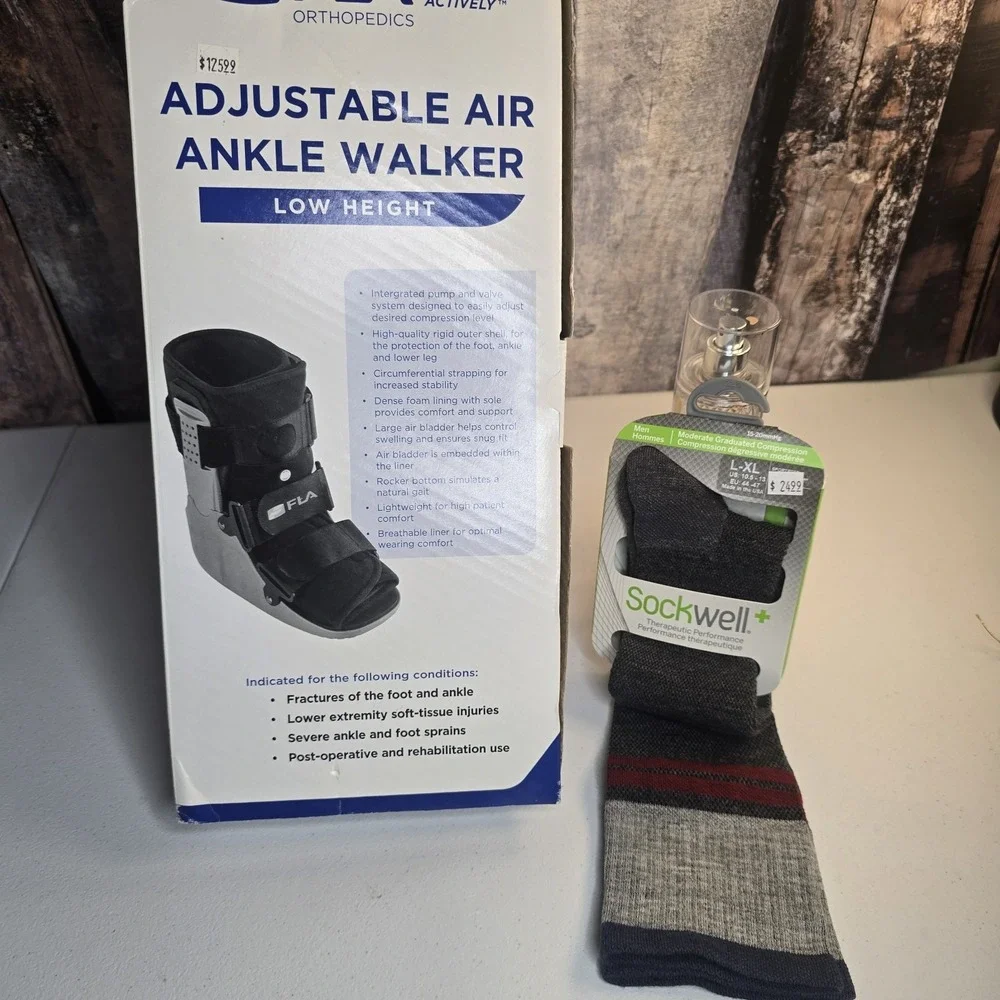 FLA Adjustable Air Ankle Walker Boot Low Large M 10.5-12.5‎ W 11.5-13.5 & Sock